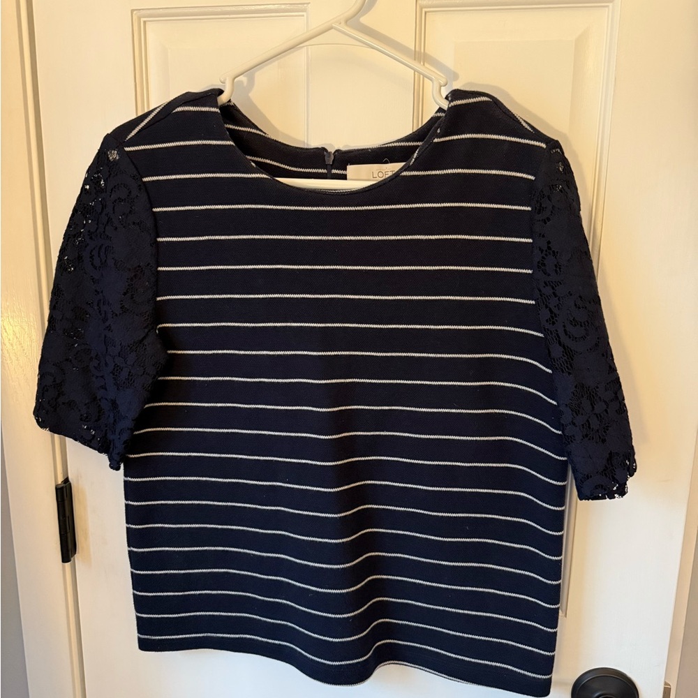 LOFT Navy and White Striped Blouse with Lace Sleeves